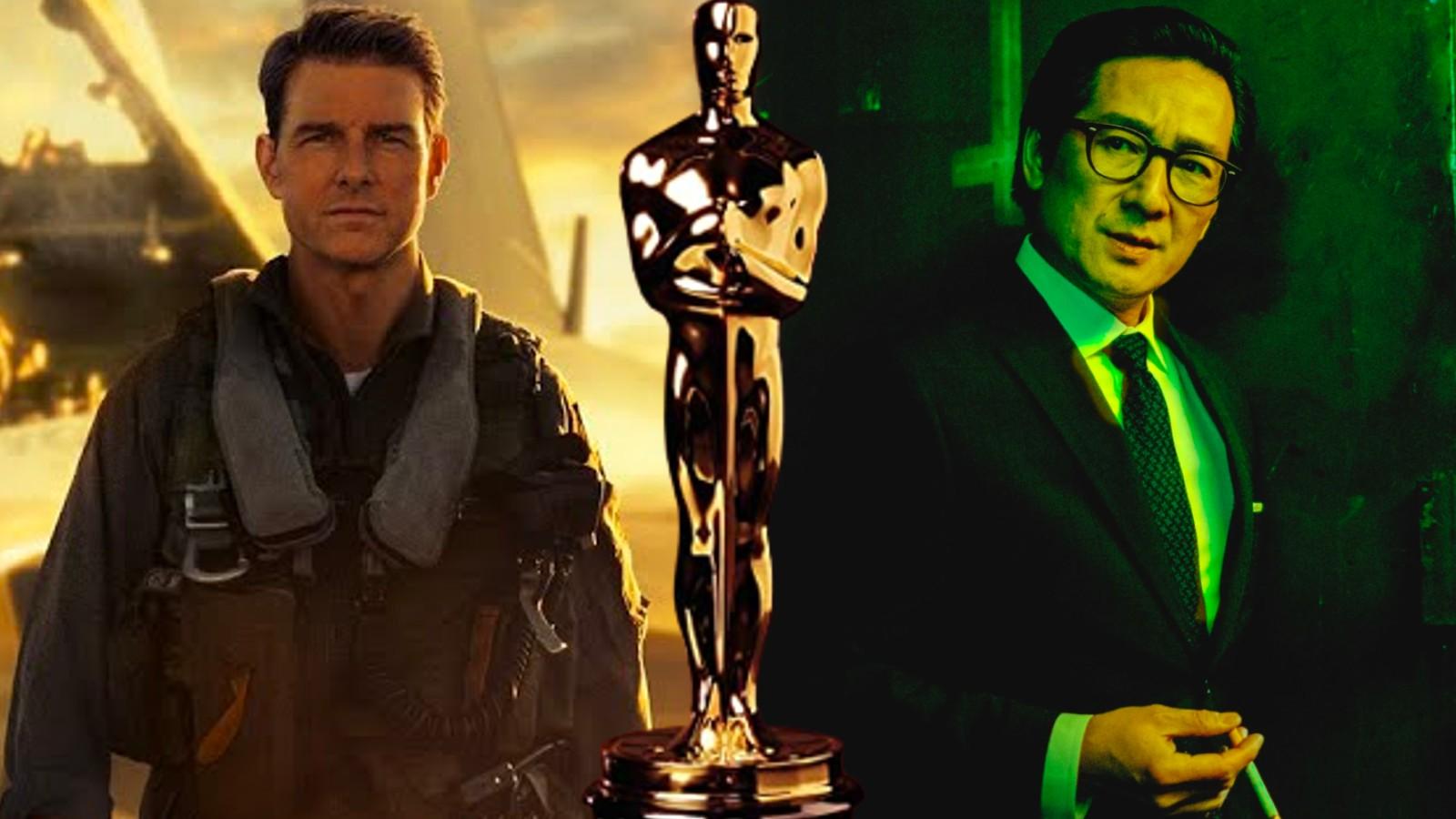 Stills from Top Gun Maverick and Everything Everywhere All at Once, two movies set to be nominated for Oscars