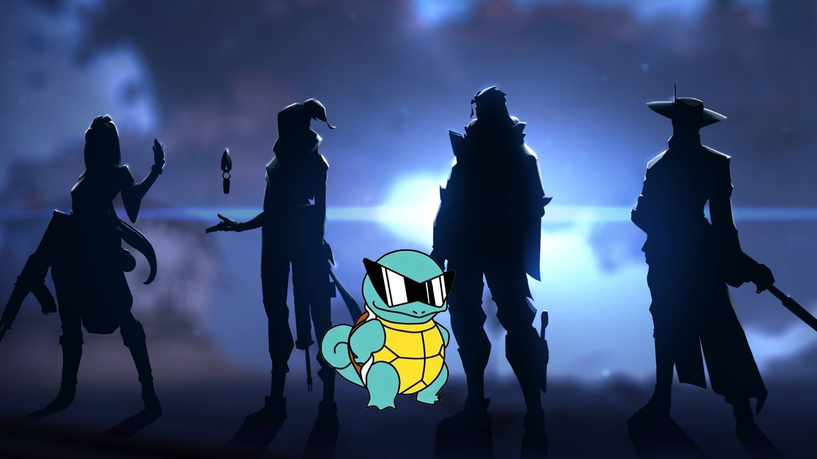 Valorant Agent silhouettes with the Squirtle Squad logo in the middle