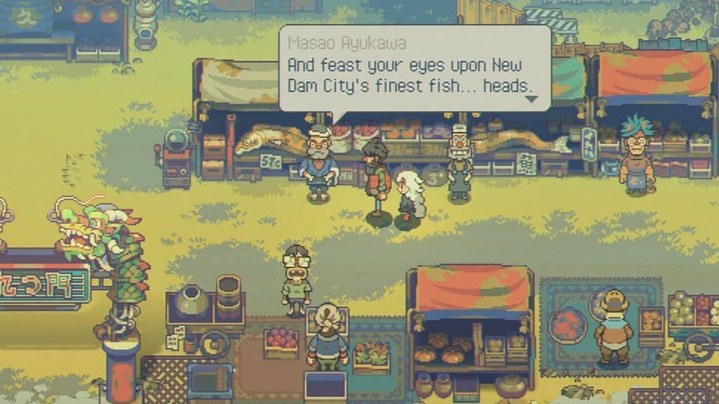 A screenshot from Eastward featuring the characters in a town.