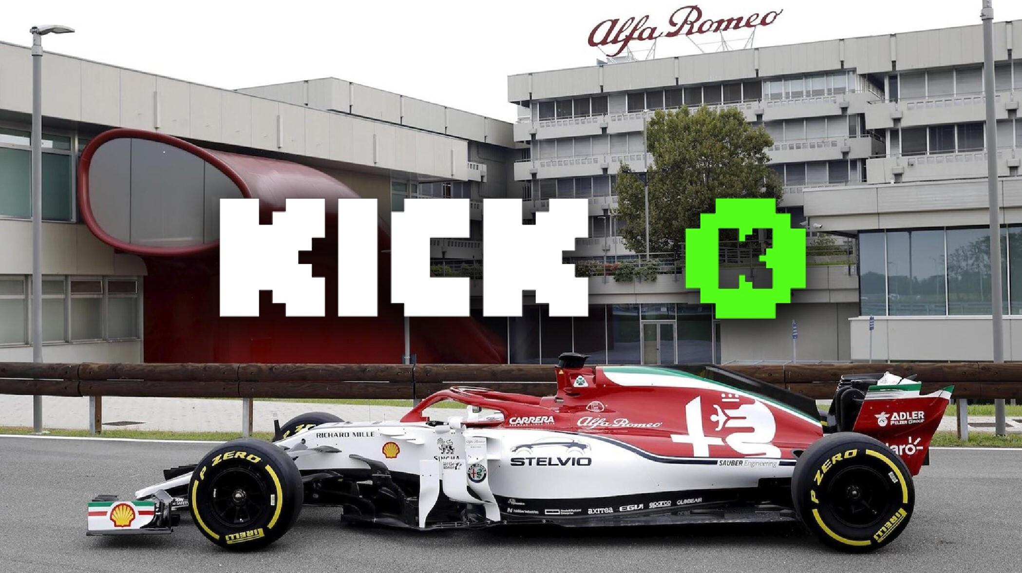 Alfe Romeo's f1 car with kick.com logo