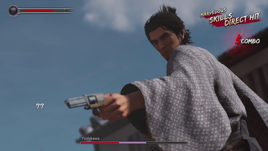 A screenshot of Gun combat in Like A Dragon Ishin