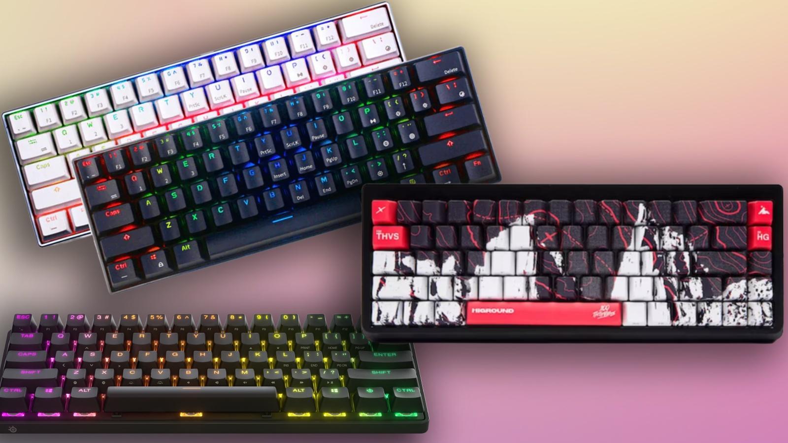 Four gaming keyboards on a gradient background