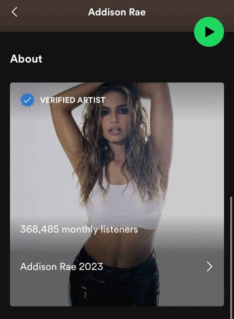 Addison Rae Spotify profile update 2023