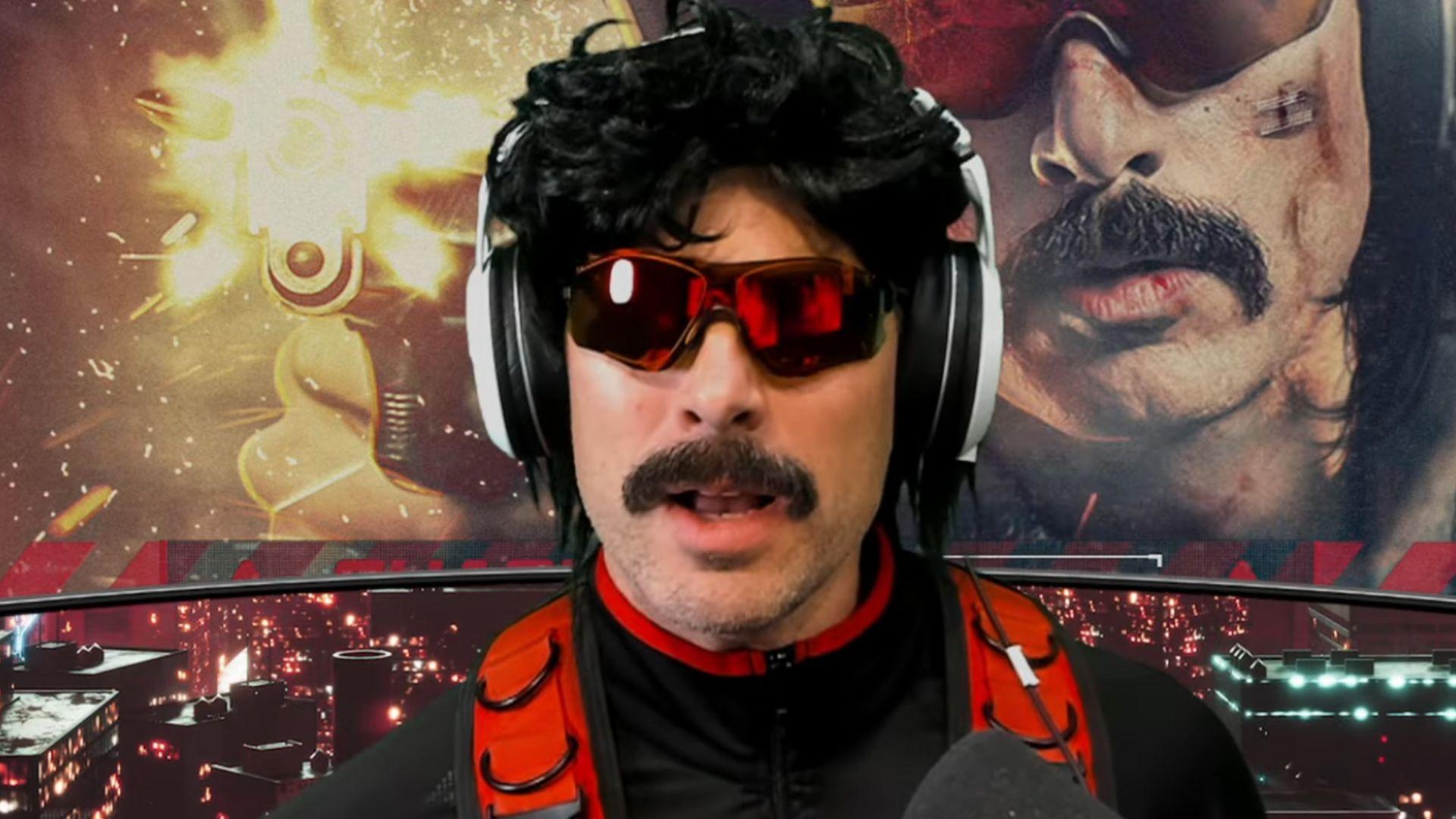 Dr Disrespect talking to camera with picture of himself in background