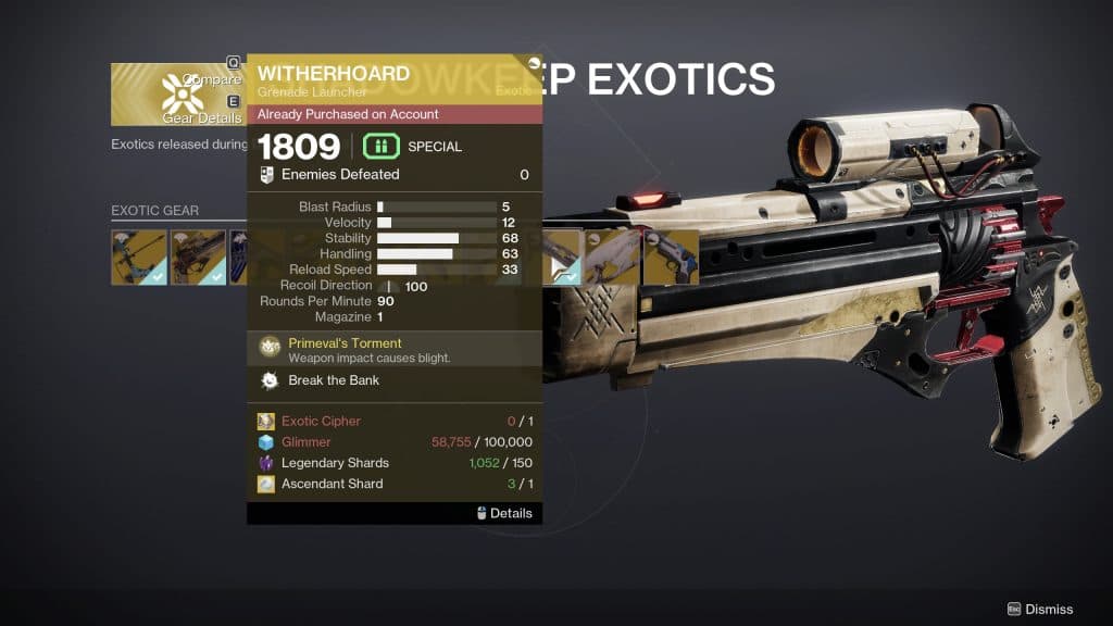 Witherhoard Exotic Grenade Launcher is purchasable through Exotic Archive with an Exotic Cipher in Destiny 2.