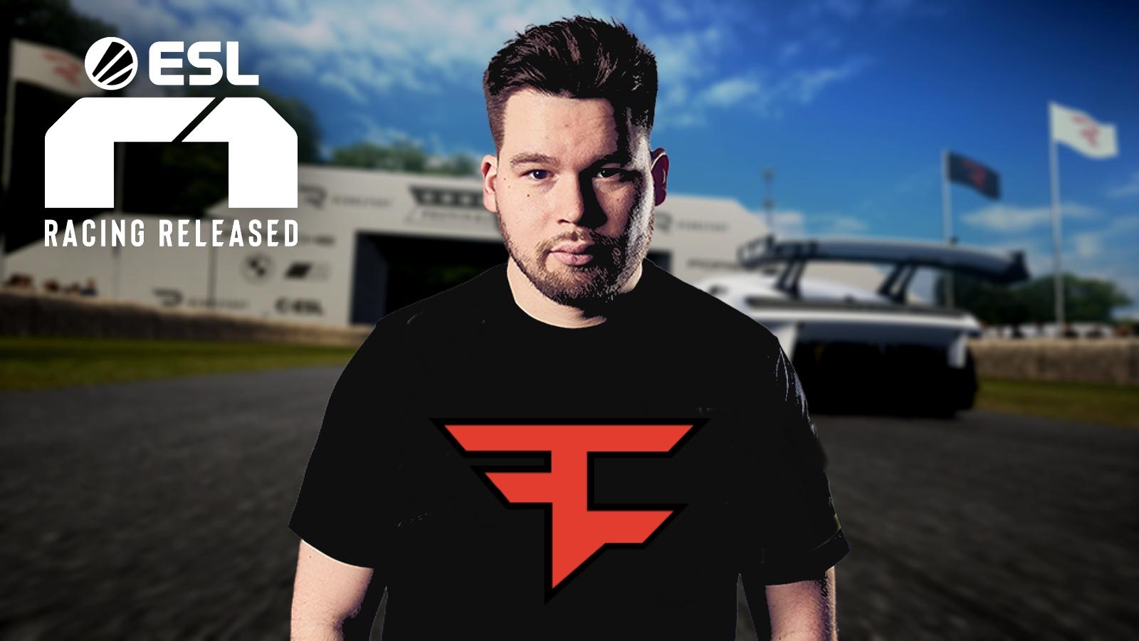 crimsix with faze clan logo and ESL R1 logo above screengrab from Rennsport