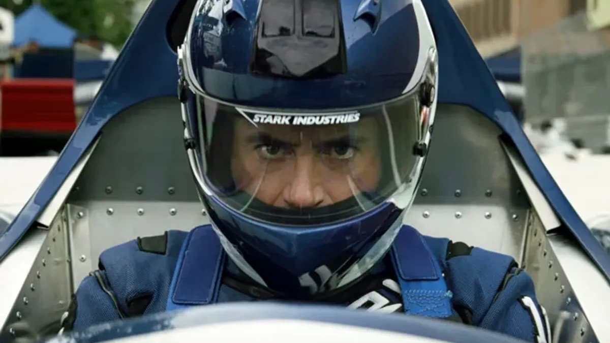 Robert Downey Jr. driving a race car in Iron Man 2.