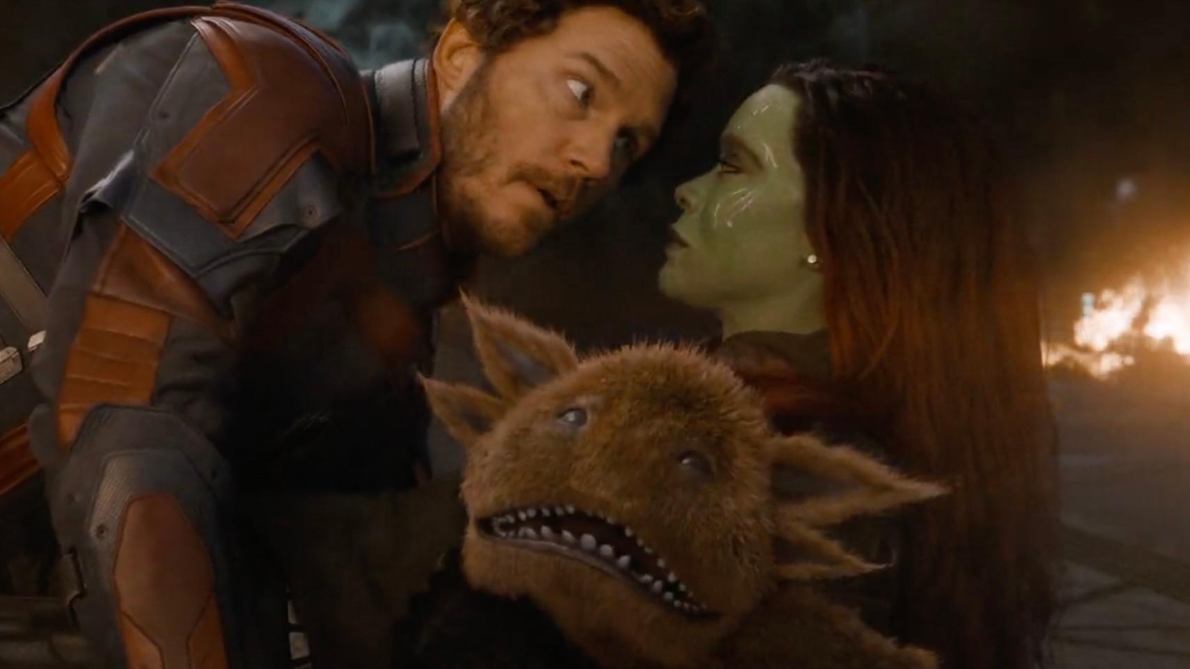 Peter Quill, Gamora, and Blurp.