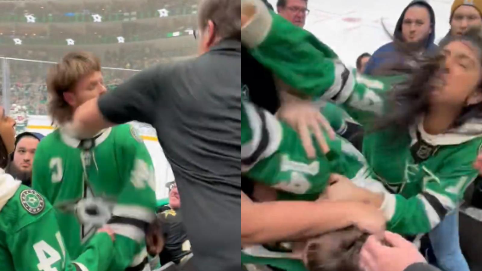 dallas stars fan gets knocked out by rival in viral fight
