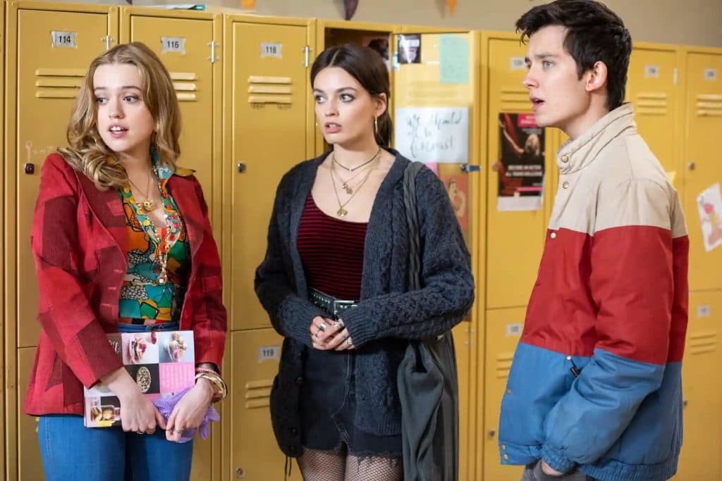 Aimee Lou Wood, Emma Mackey, and Asa Butterfield in Sex Education
