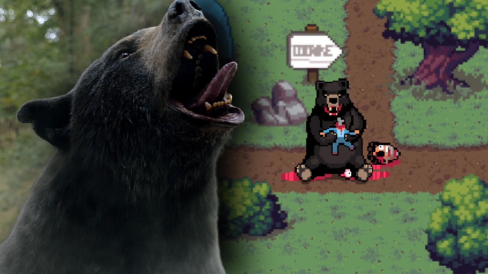 A still from the Cocaine Bear movie and video game