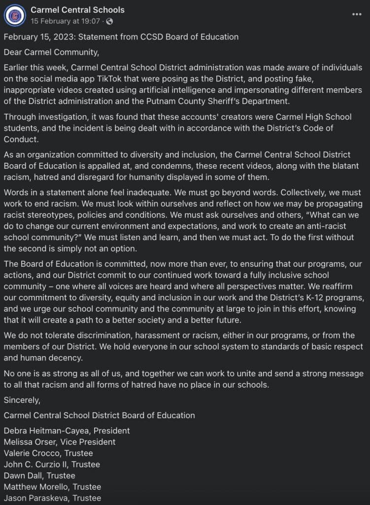 Screenshot of statement on Facebook from Carmel High School board