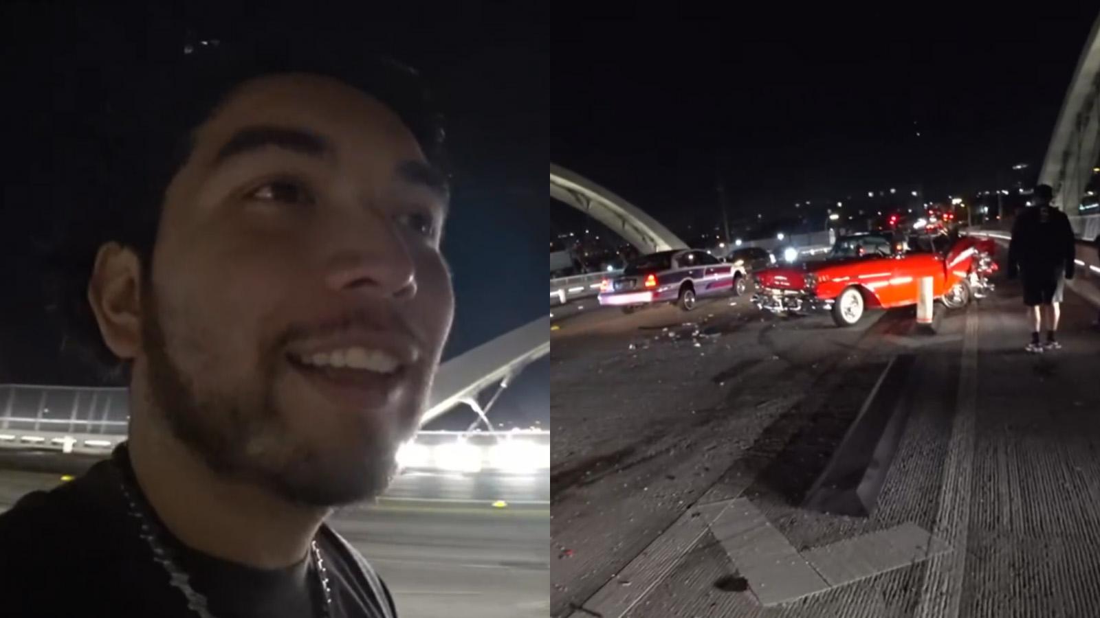 Twitch streamer NEZST looking at the camera with a picture of the wrecked car