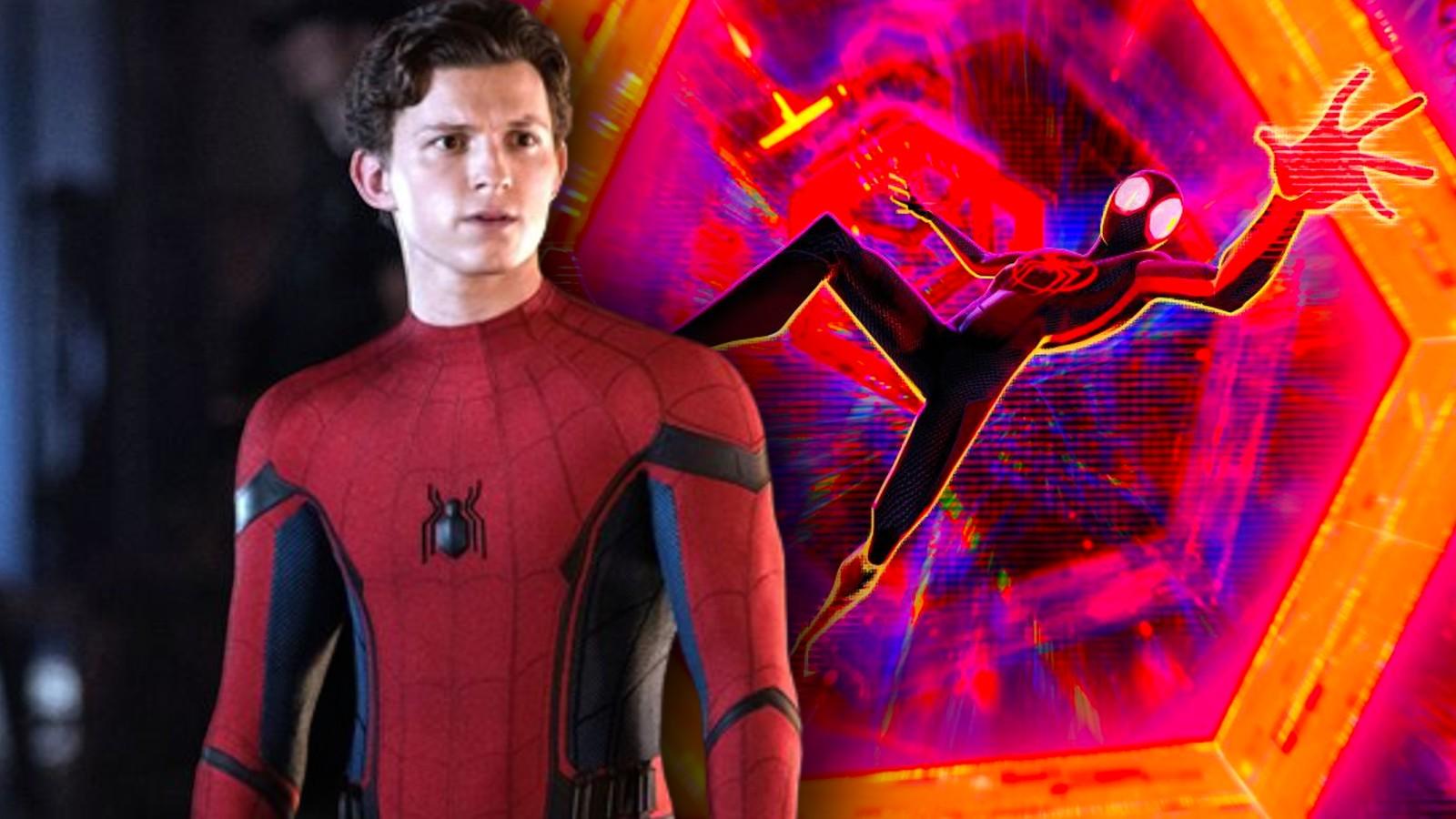 Tom Holland as Spider-Man and a still from Across the Spider-Verse