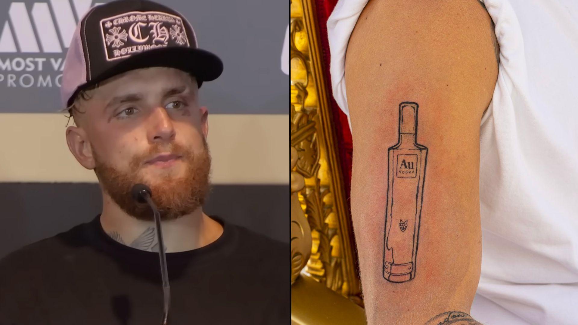 Jake Paul in hat sat next to tattoo on arm