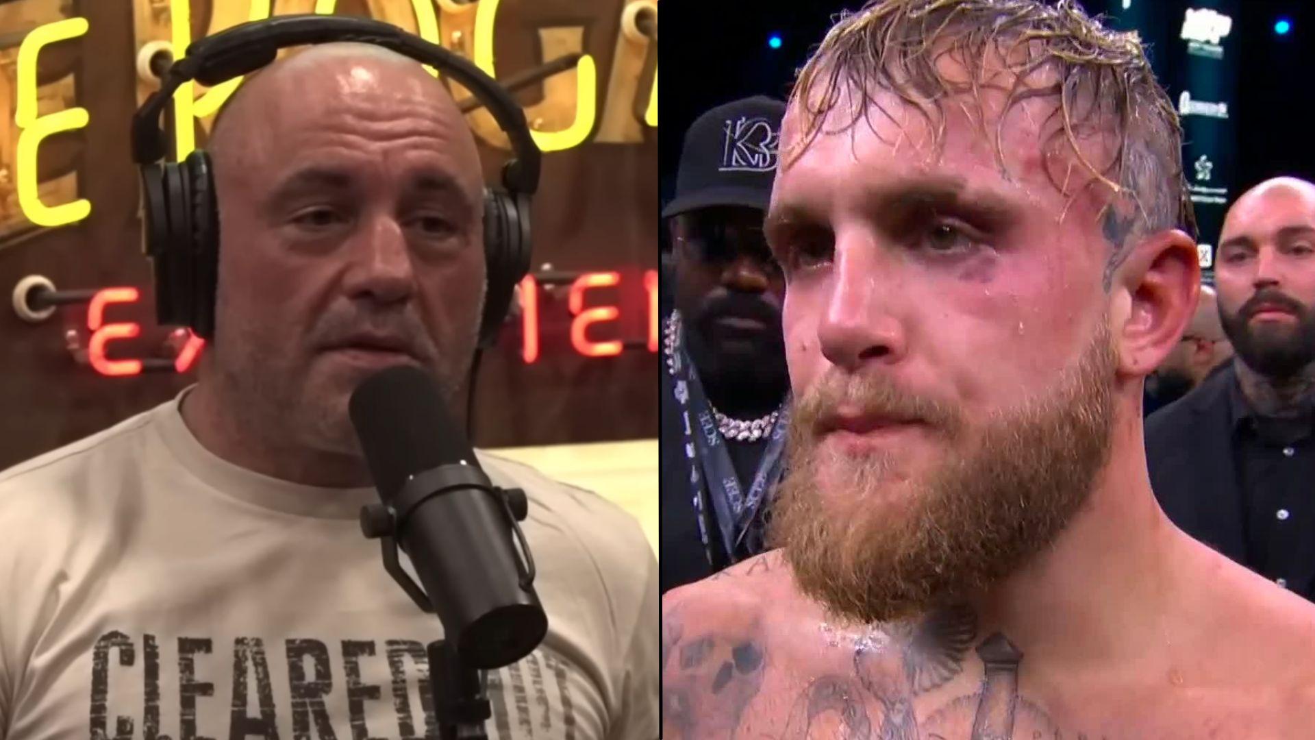 Joe Rogan in white shirt side by side with Jake Paul in boxing ring