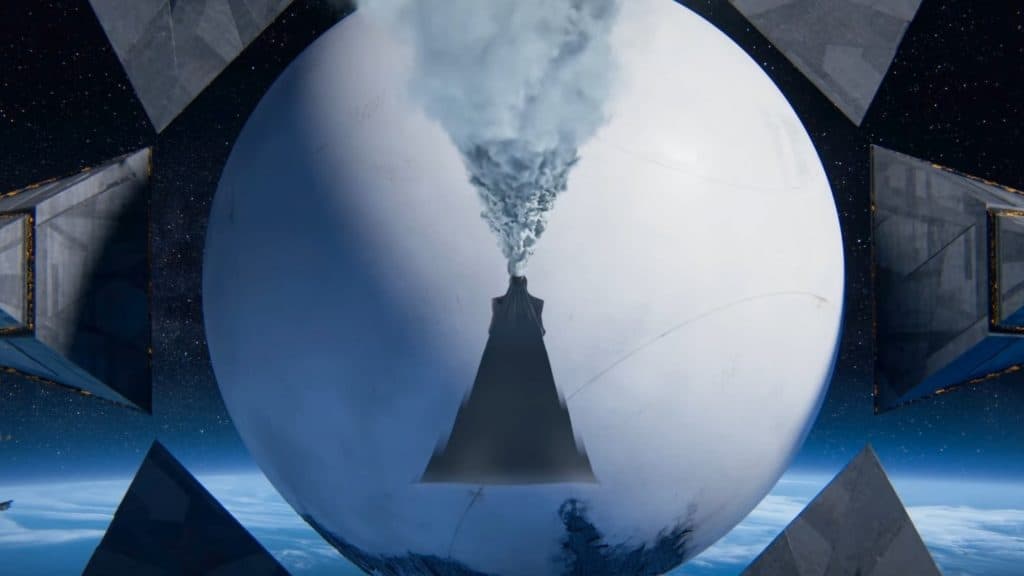 The Witness approaches the traveler which is surrounded by Pyramid ships in Destiny 2: Lightfall