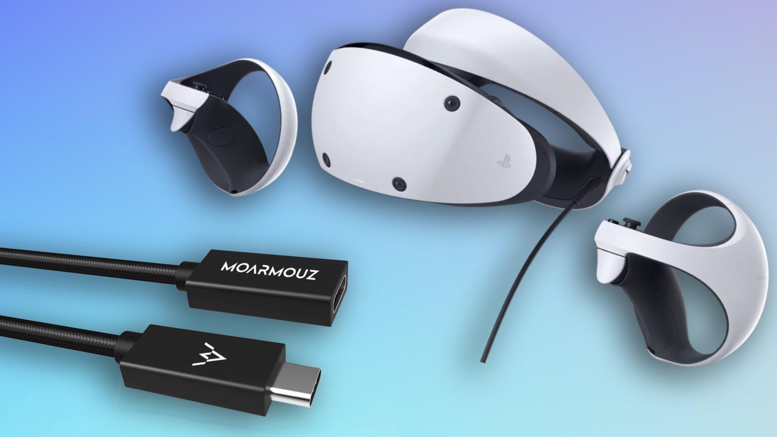 PSVR2 with a USB-C cable extension on a blue background