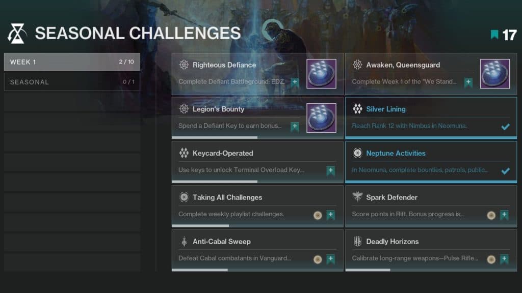 Season of Defiance Destiny 2: Lightfall challenges