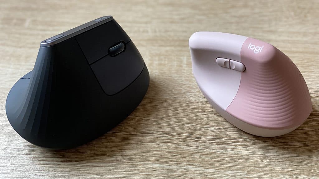 The Logitech Lift Vertical Ergonomic Mouse and MX Vertical Advanced Mouse side by side on a desk