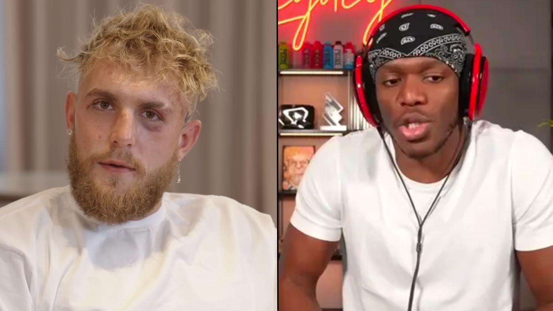 Jake Paul and KSI side-by-side in white shirts talking to camera
