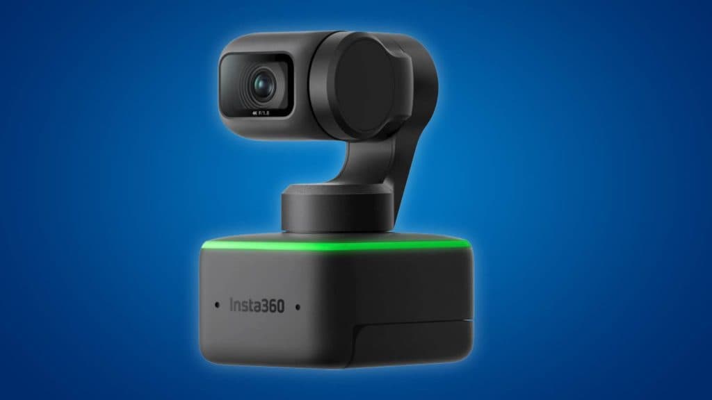 Image of the Insta360 Link webcam on a blue background.