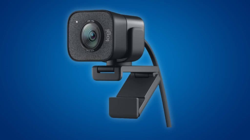 Image of the Logitech for Creators StreamCam Premium Webcam on a blue background.