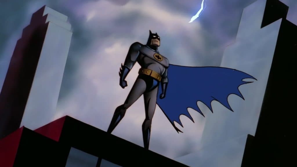 Batman illuminated by lightning