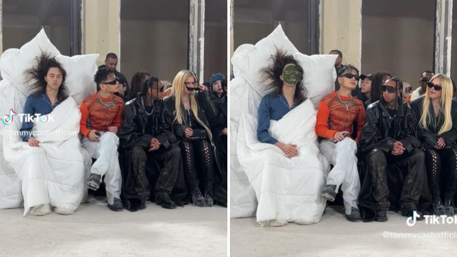 rapper dresses up like a bed at paris fashion week tyga avril lavigne