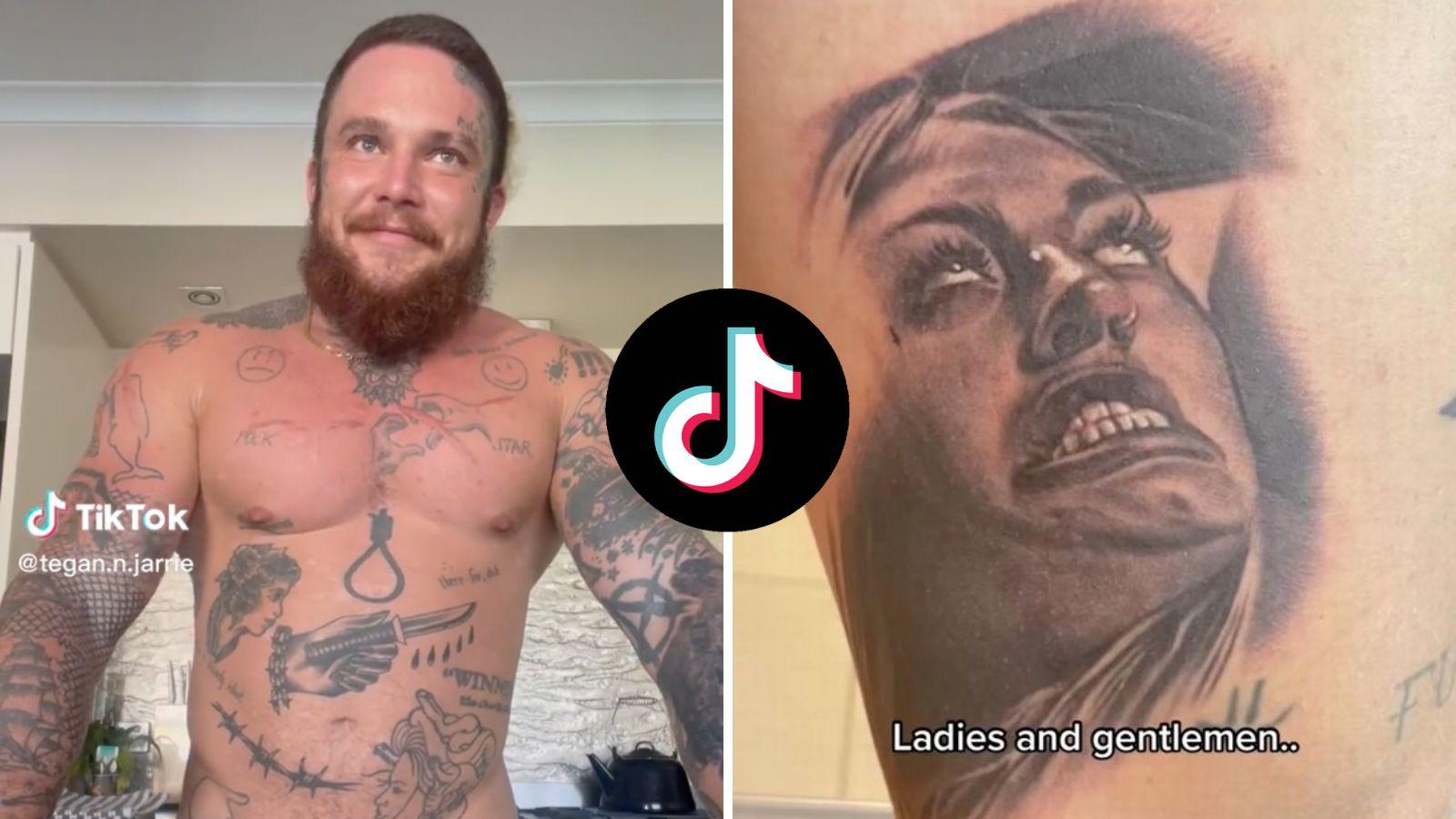 Man covered in tattoos and tattoo of wife on his leg
