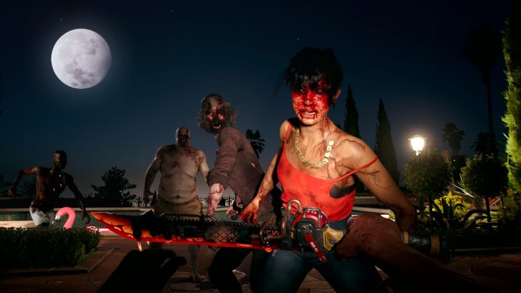 Several Zombies attack the player covered in blood and red eyes.