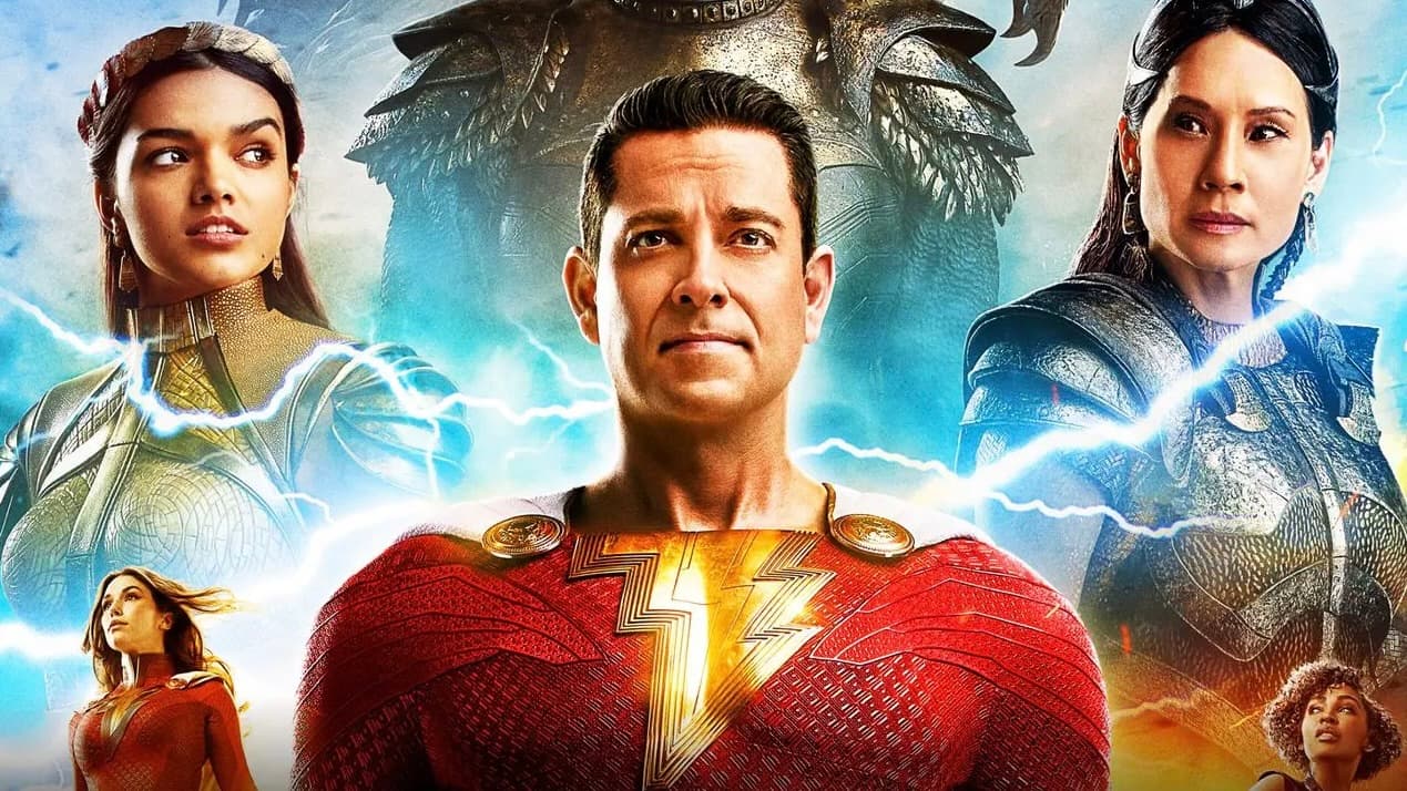 Portion of the poster for Shazam: Fury of the Gods, featuring Zachary Levi.
