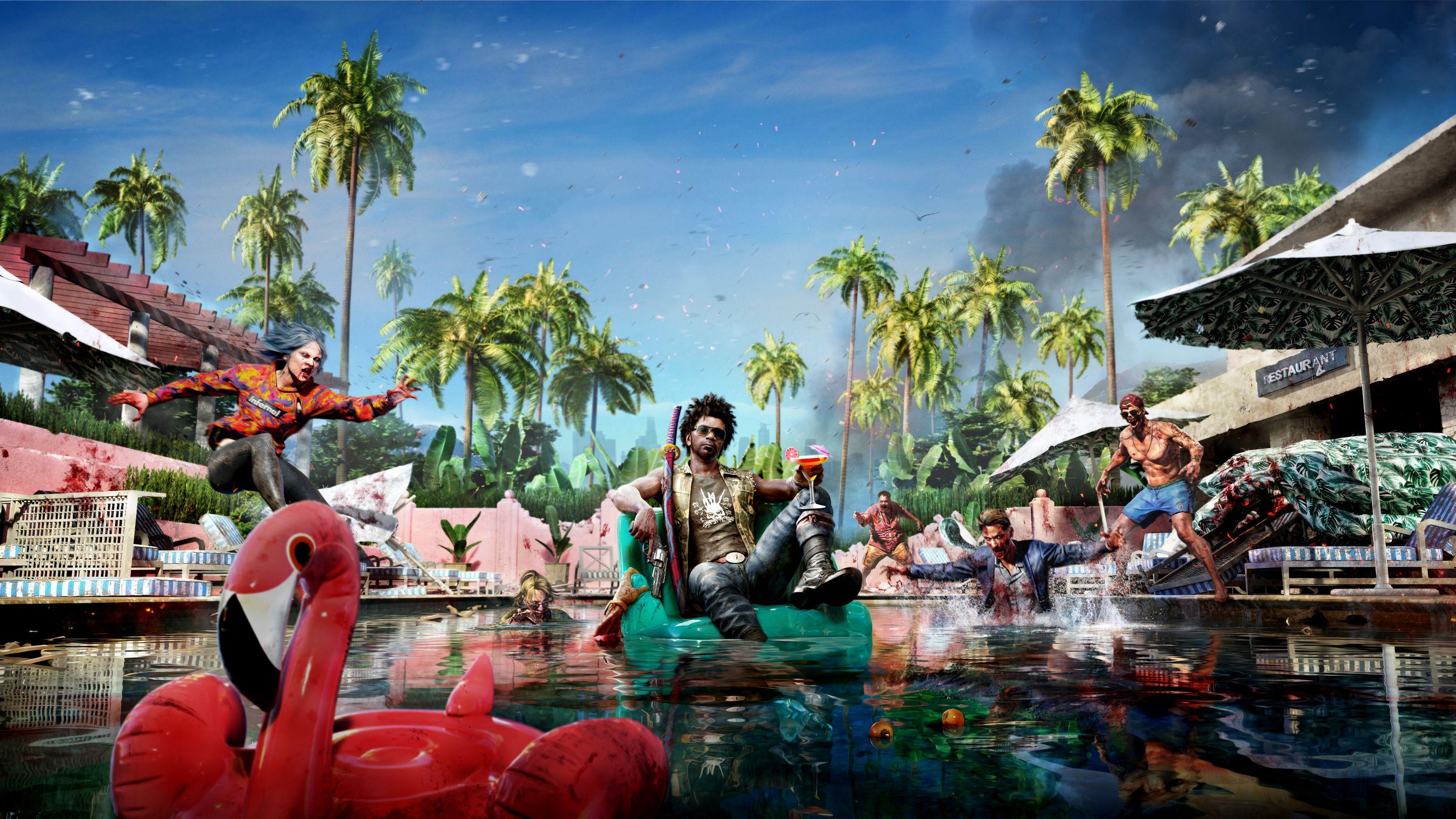 A man floats in a pool surrounded by Zombies