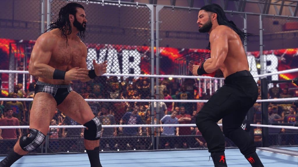 drew mcintyre and roman reigns on opposite sides of the ring in wwe 2k23