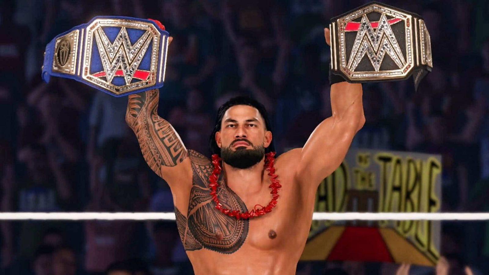 roman reigns holding up world title in wwe 2k23