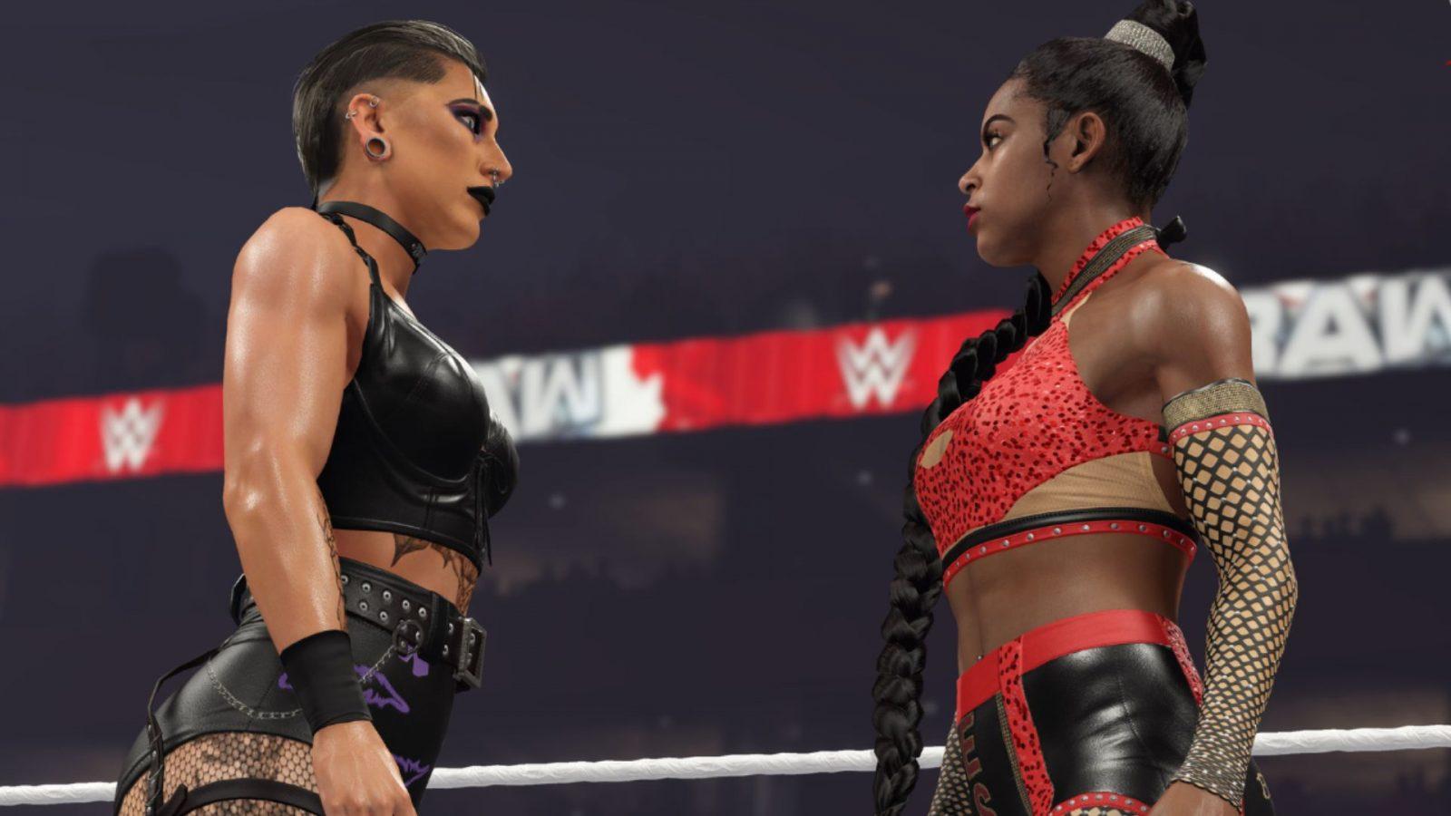 bianca belair and rhea ripley staring each other down in wwe 2k23