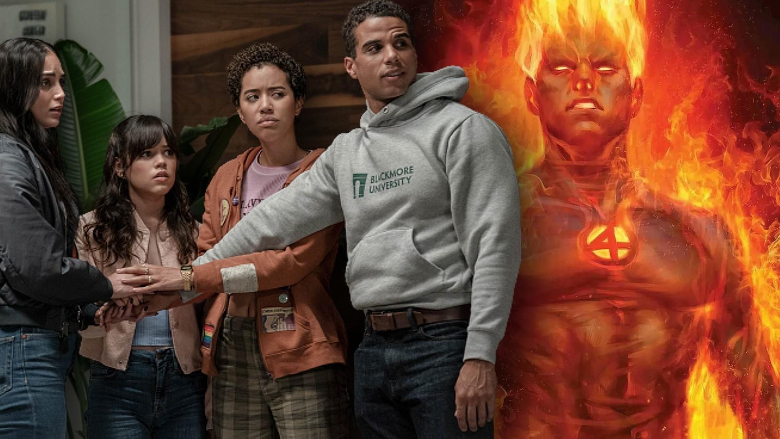 Mason Gooding and the cast of Scream 6 and a still of the Human Torch from the Fantastic Four