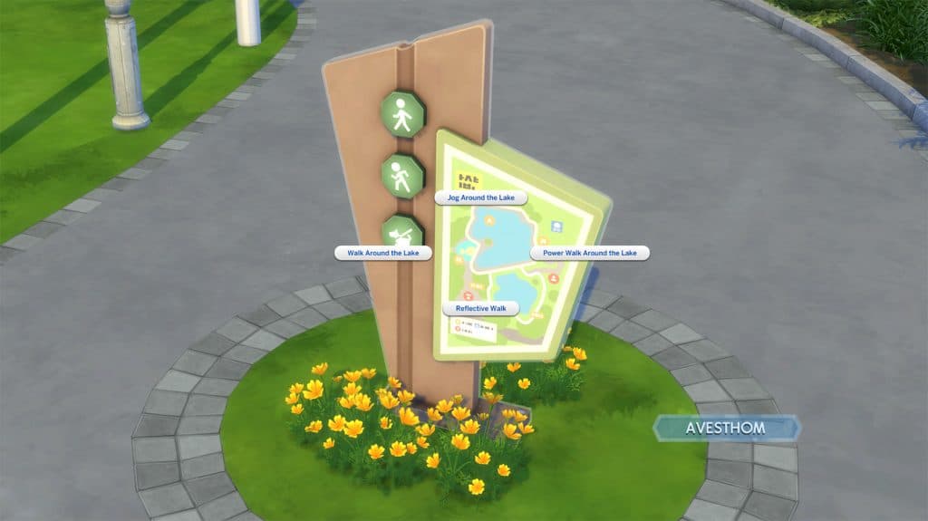 Screenshot showing how to power walk or jog around the lake in The Sims 4 Growing Together
