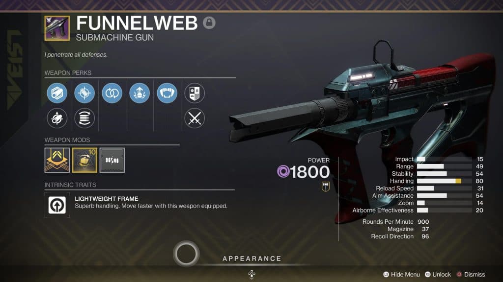 The item screen for the Funnelweb SMG