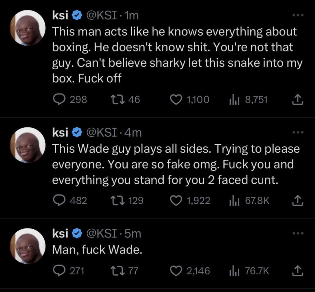 KSI lashes out at wade plem on twitter