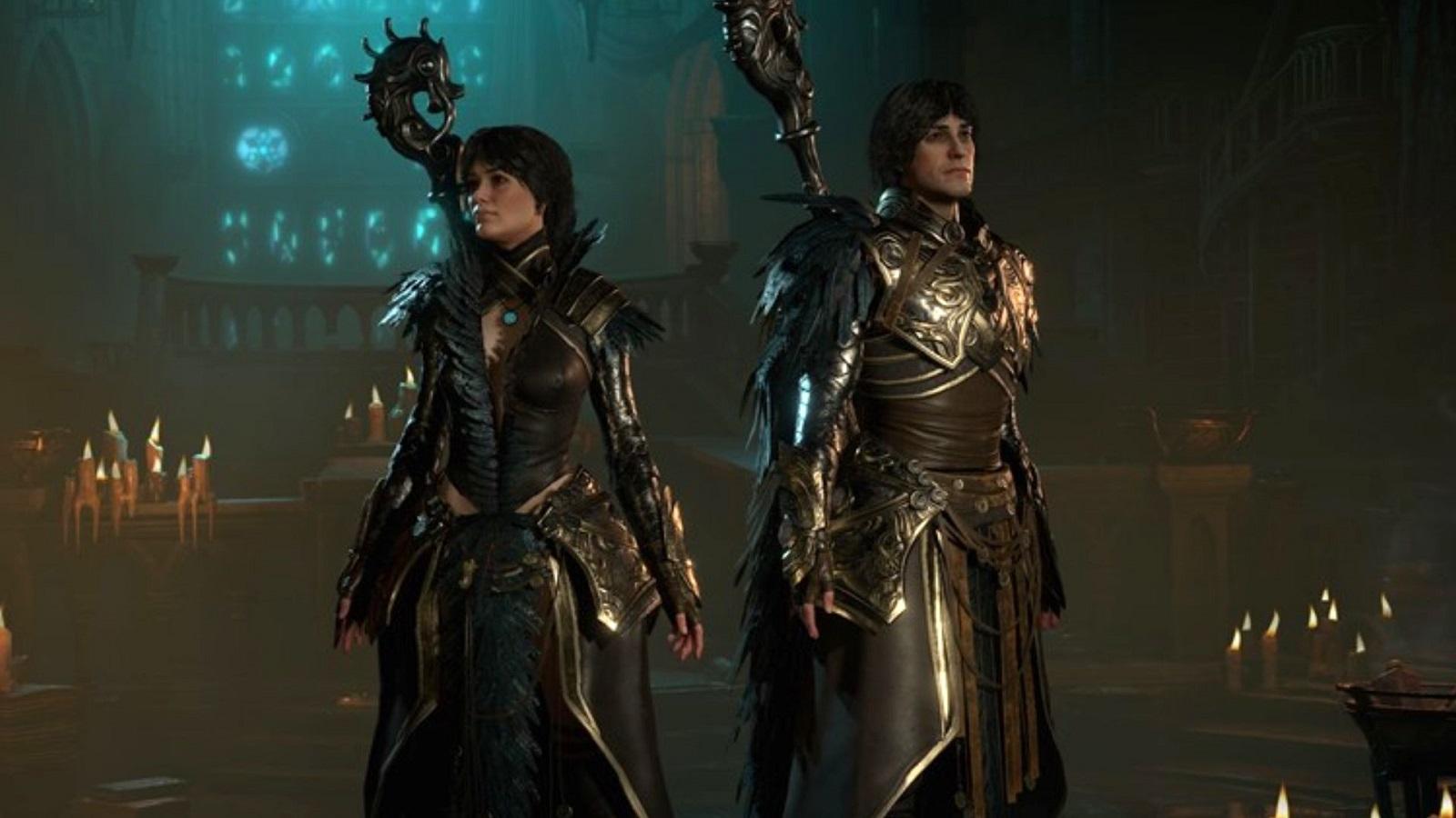 Two Diablo 4 characters standing next to each other.
