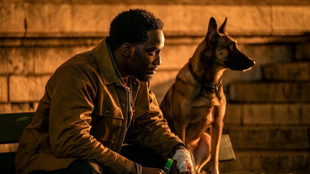 Shamier Anderson as tracker 'Mr Nobody' with his dog in John Wick: Chapter 4.