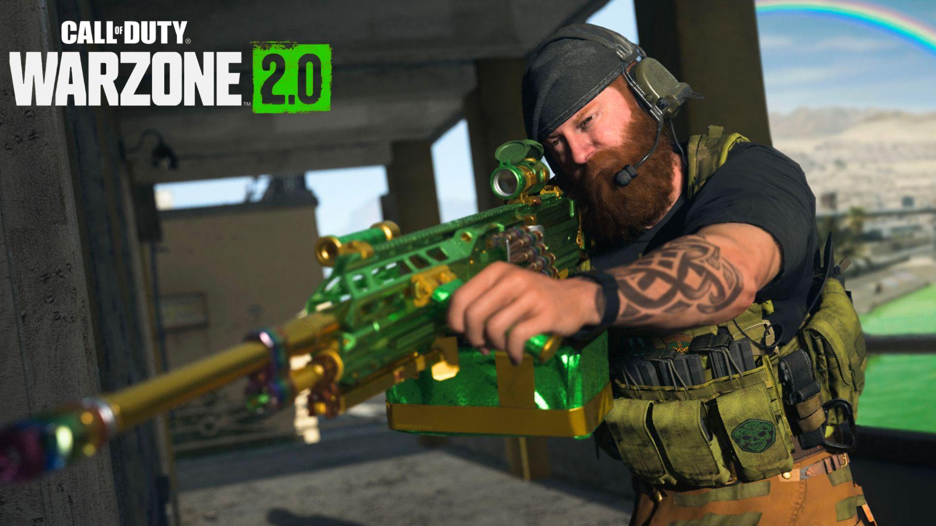 Warzone 2 character holding st patricks day themed sniper