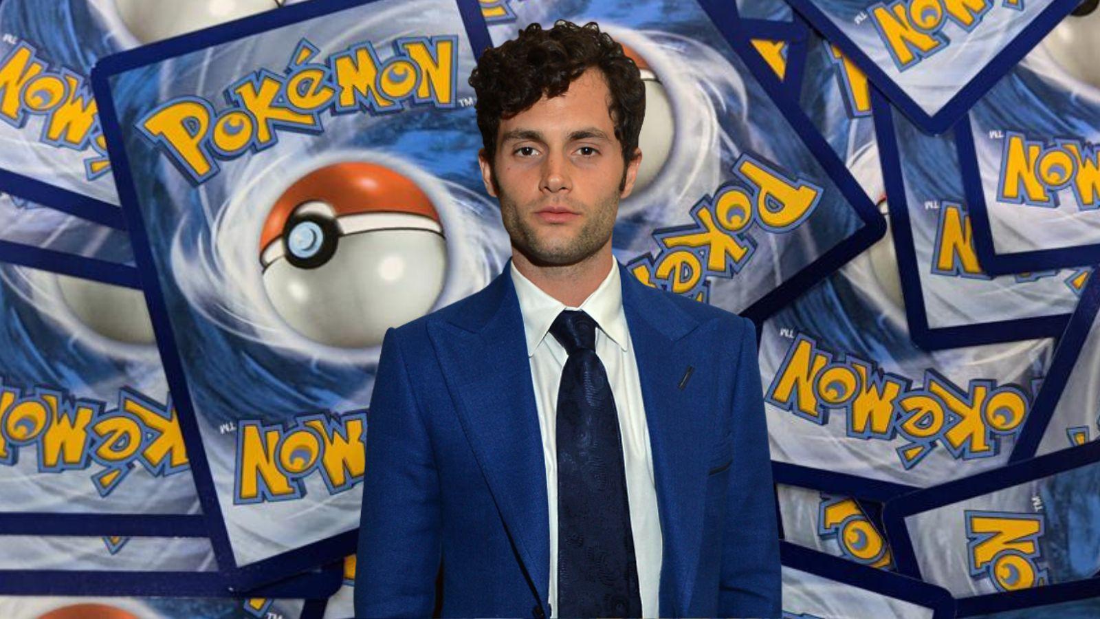 Penn Badgley in front of Pokemon cards