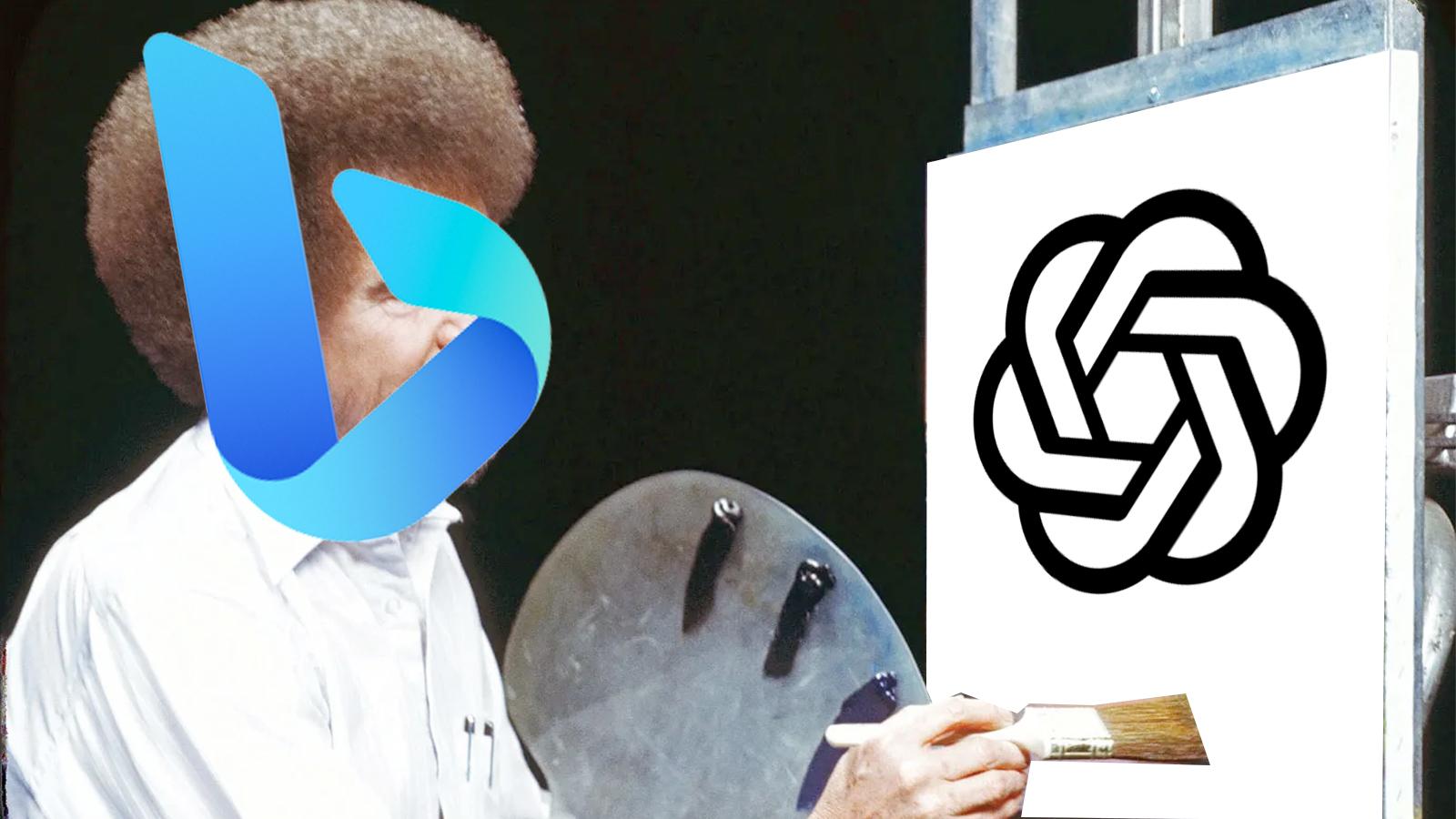 bob ross parody of bing painting and the openai logo on the page