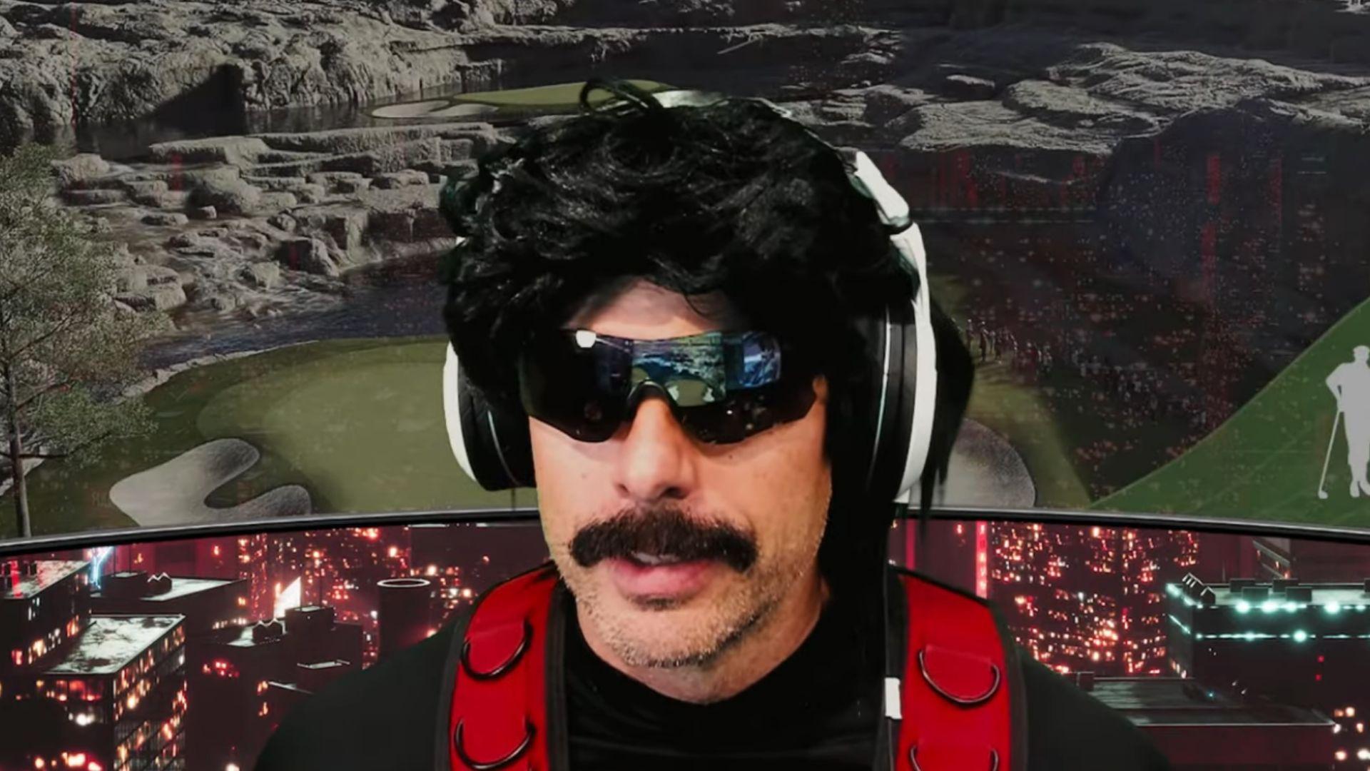 Dr Disrespect looking at camera in front of 2K golf screen