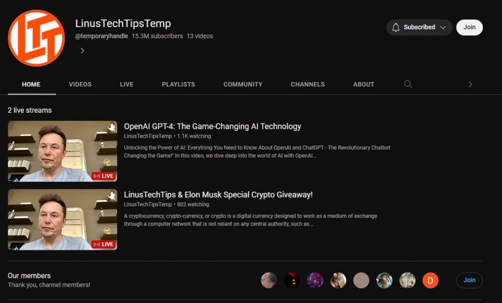 Linus Tech Tips channel with malicious live stream links