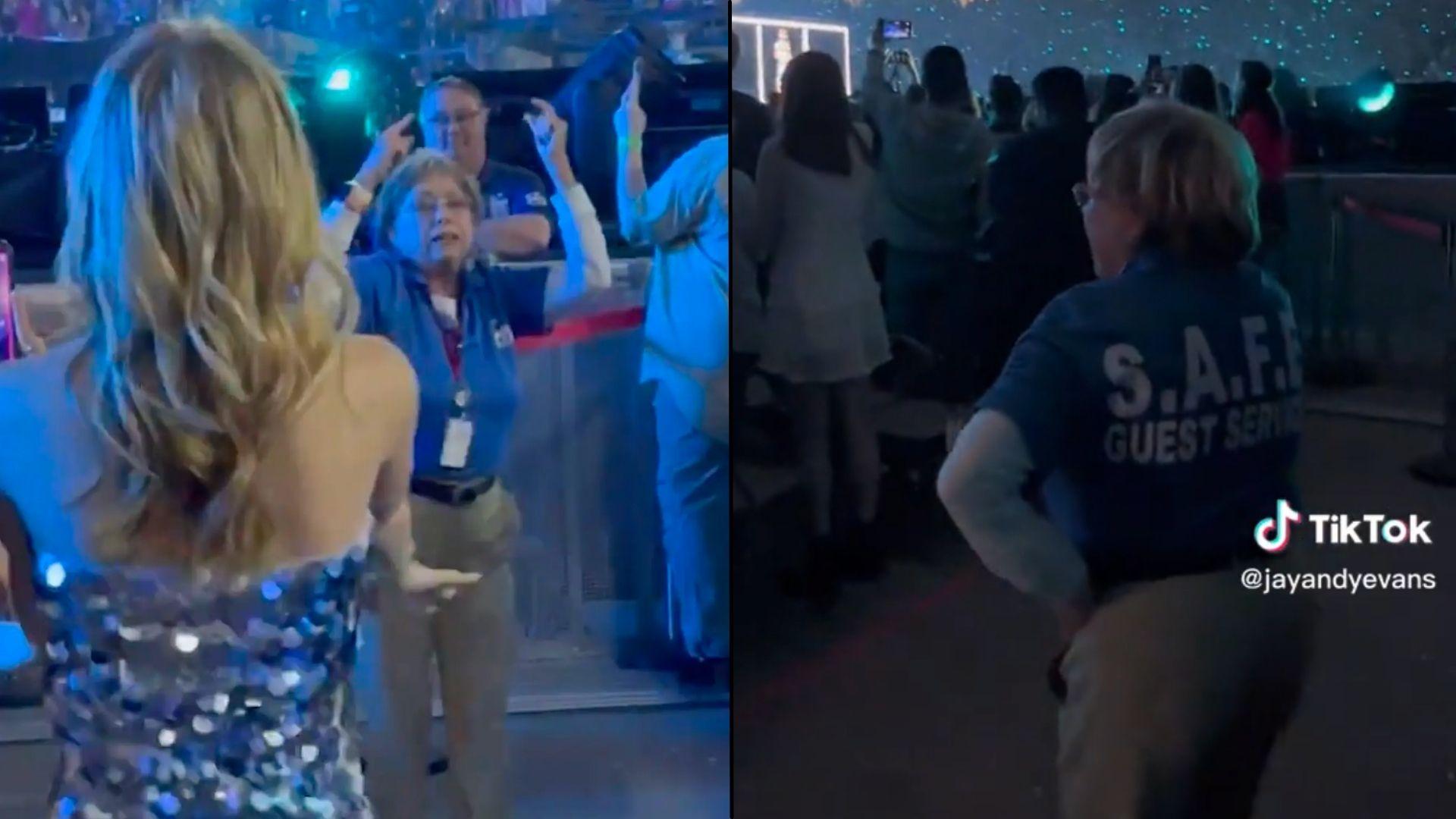 Security guard in blue shirt dancing with Taylor Swift fans at concert