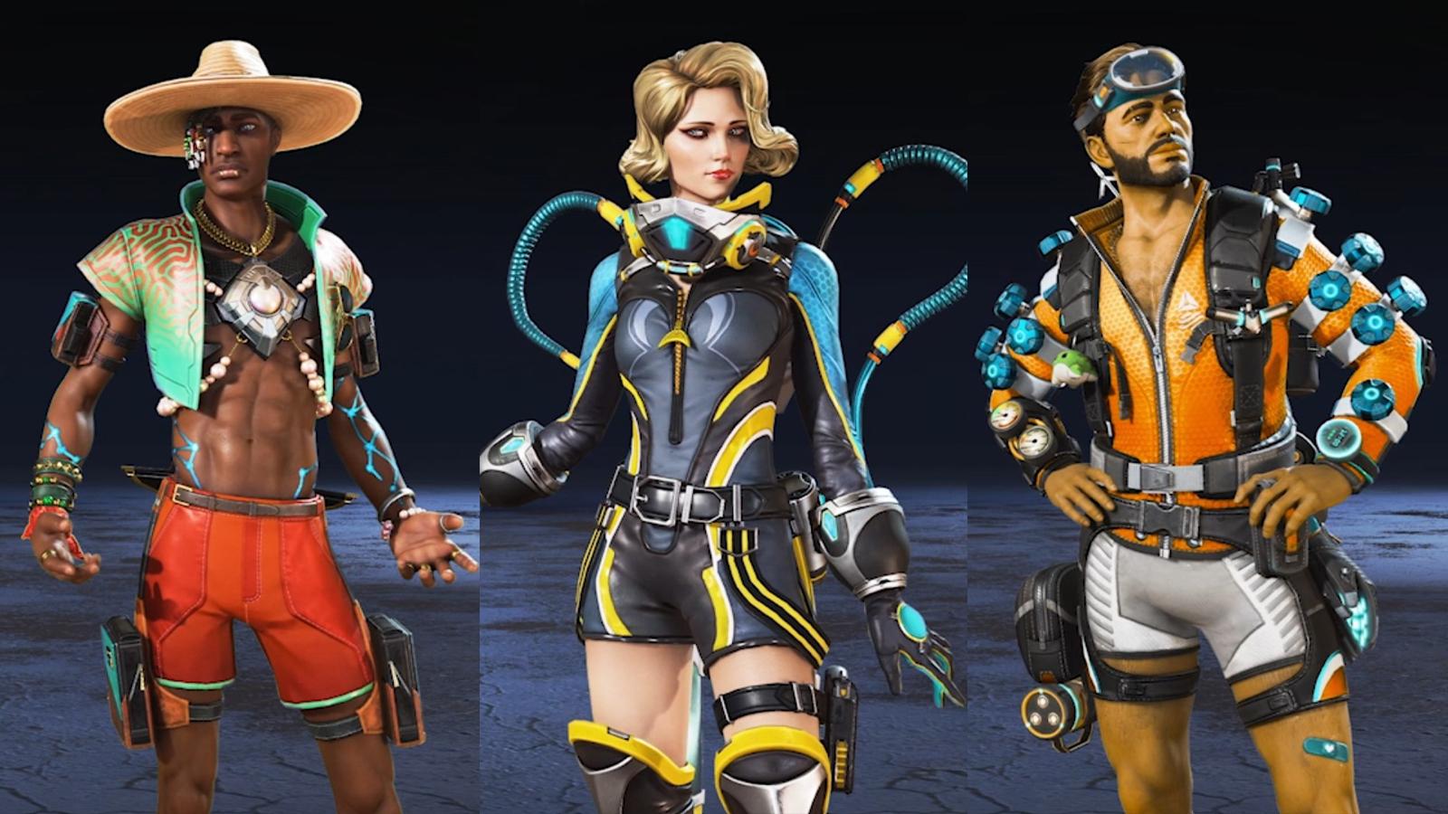 Seer, Catalyst, and Mirage wearing their Sun Squad Collection Event skins in Apex Legends