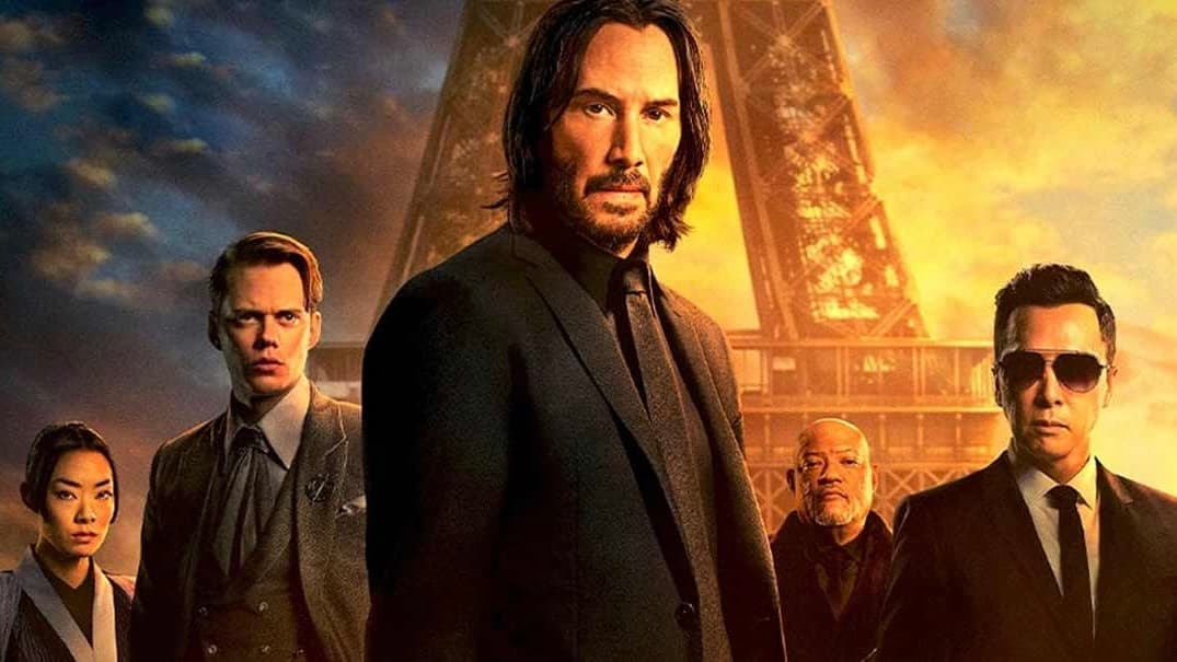 The John Wick Chapter 4 ensemble in front of the Eiffel Tower.